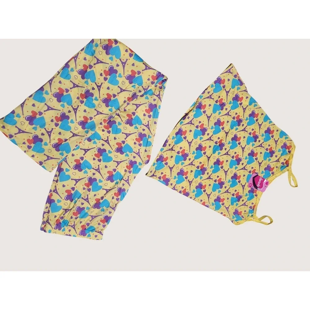 Pajama Set Camisole‎ Pants Yellow Eiffel Tower Hearts Print M